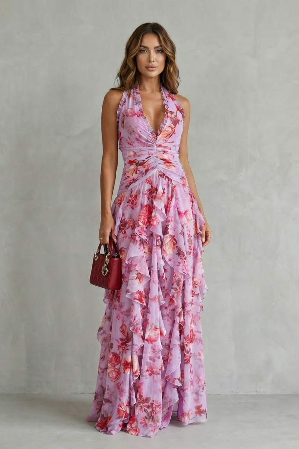 Bożena | Elegancka Sukienka Maxi z Różami